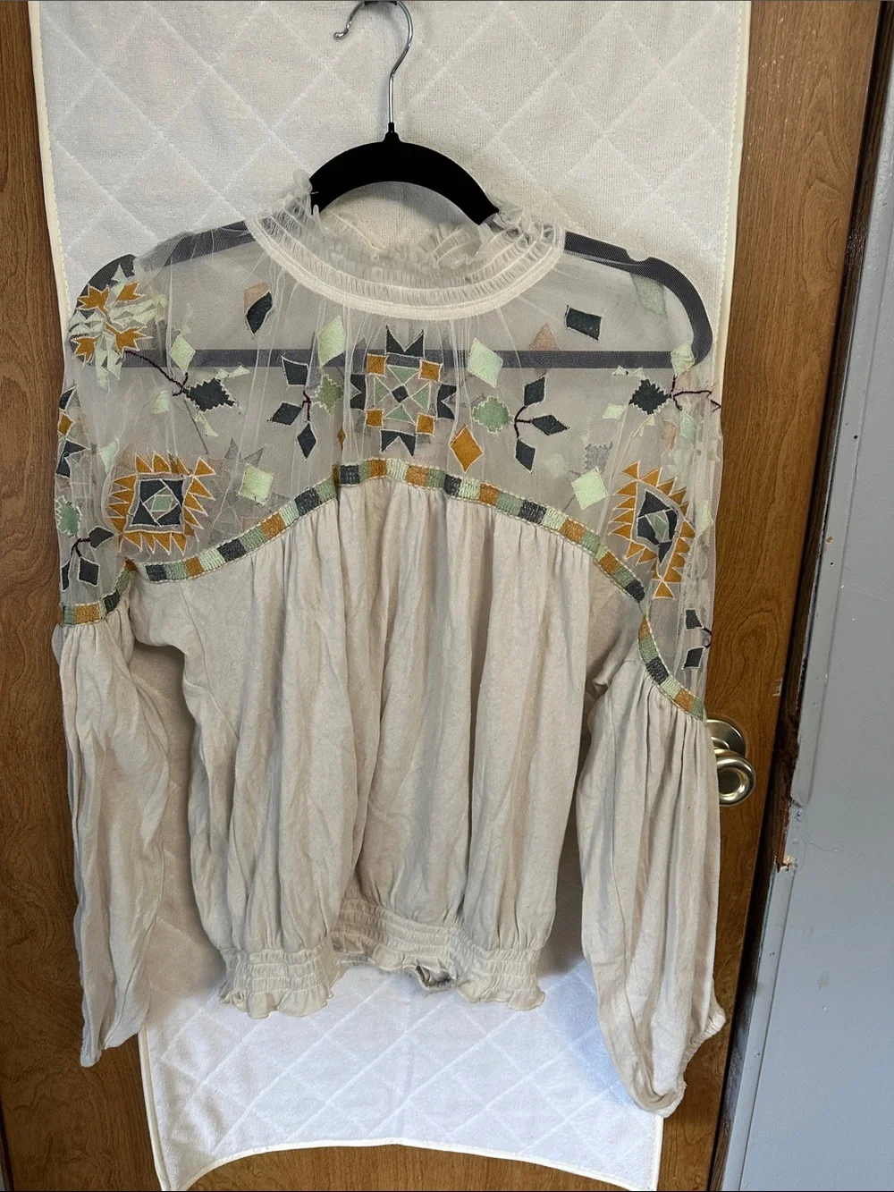 Free People Cream Boho Embroidered Sheer Yoke Blouse